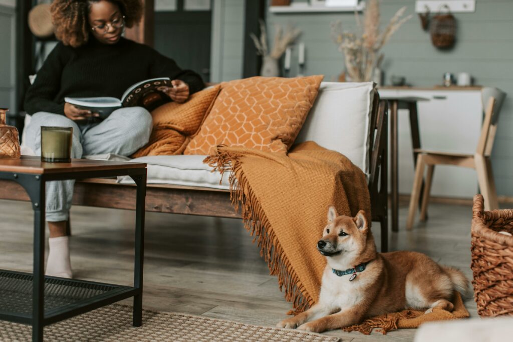 Relaxed woman reading with her Shiba Inu dog in a cozy home interior.