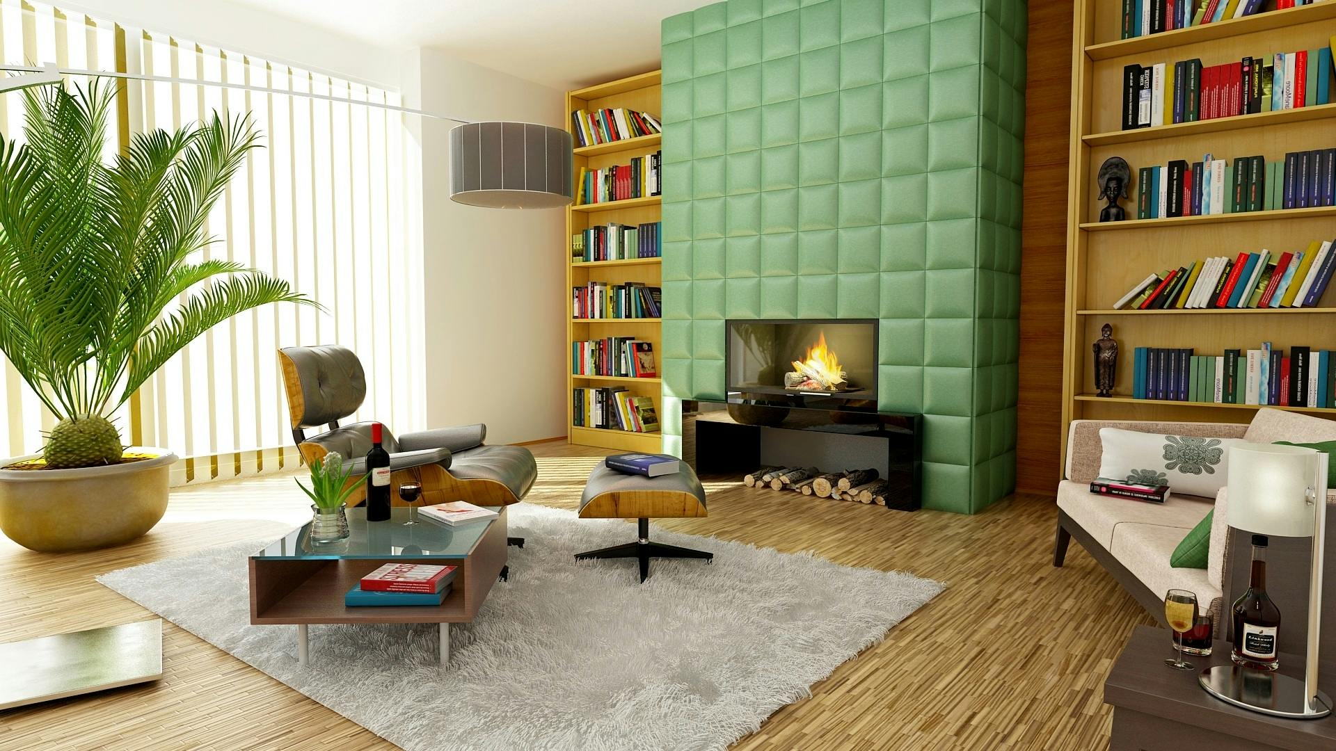 Cozy living room with a green cushioned fireplace, bookshelf, and modern furniture, including a lounge chair and coffee table, creating a warm and inviting atmosphere